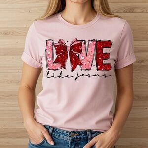 Love Like Jesus T-sirt short sleeve Sand Inspirational Faux Sequins S M L XL